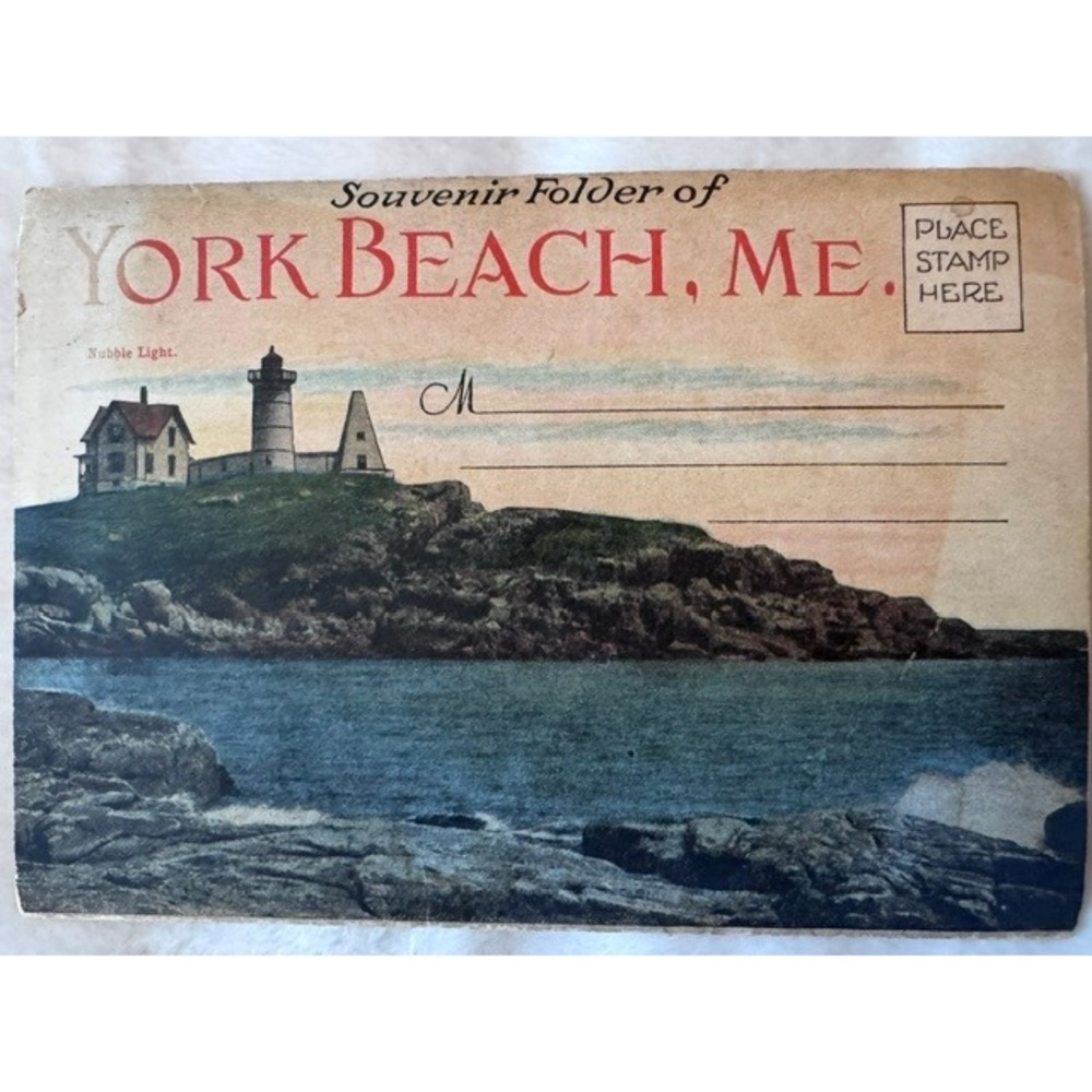 Vintage York Beach Maine Souvenir Postcard Folder Nubble Light Linen Era Gough